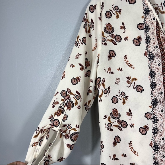 Cream Burgundy Boho Blouse Size XS Zip Neck Detail Tab Slv Festival Oversize Top - Picture 4 of 9